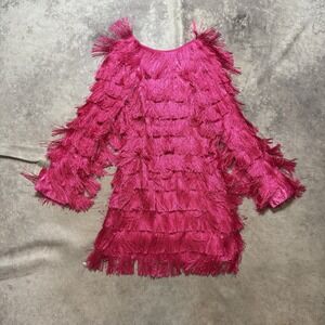 Misguided‎ Shift Dress Womens Size 0 Pink Tassel V Back All over Fringe Mini